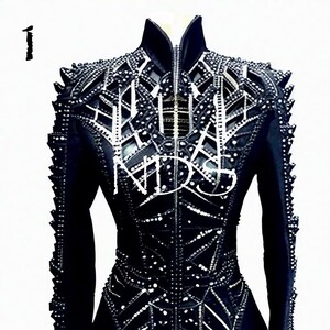 May include: A black leather jacket with a geometric design and silver embellishments. The jacket has a zipper closure and a stand-up collar.