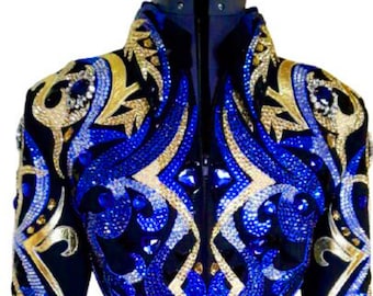 Chaqueta de espectáculo azul real: Remolinos de cristal, atuendo ecuestre femenino