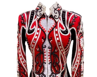 May include: A red, black, and white show jacket with a zipper closure and intricate embroidery. The jacket has a fitted silhouette and features a variety of embellishments, including rhinestones and beads.