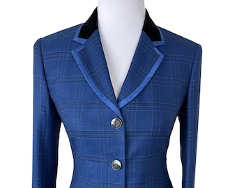 Vintage Plaid Riding Jacket: Velvet Collar Equestrian Show Coat