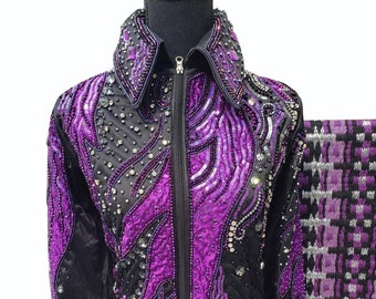 Chaqueta de espectáculo Western morada: prenda de equitación con cristales
