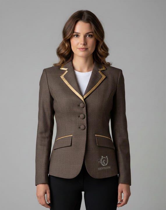 Ladies Brown Equestrian Hunt Coat With Gold Piping – Tailored Show Jacket