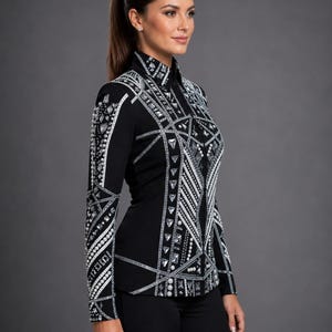 Chaqueta de estilo western negra con pedrería plateada, abrigo para competiciones ecuestres. imagen 2