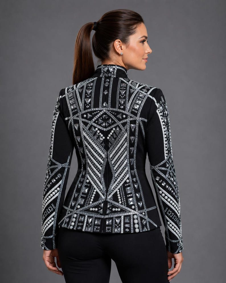 Chaqueta de estilo western negra con pedrería plateada, abrigo para competiciones ecuestres. imagen 5
