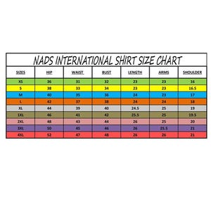 May include: A chart showing shirt sizes with measurements for hip, waist, bust, length, arms, and shoulder. The chart is color-coded with different colors for each size category. The sizes are XS, S, M, L, XL, 1XL, 2XL, 3XL, and 4XL.