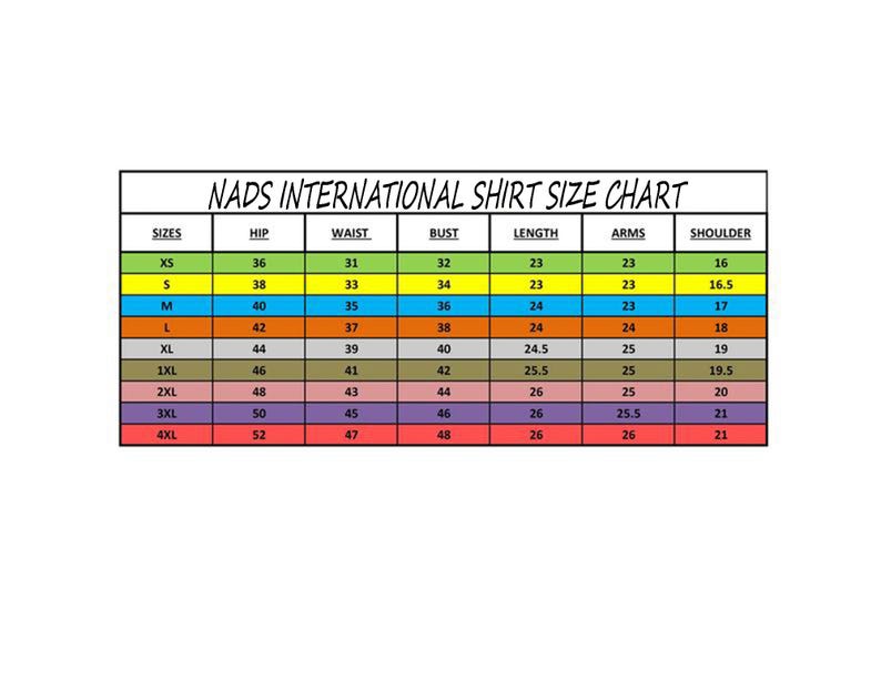 May include: A chart showing shirt sizes with measurements for hip, waist, bust, length, arms, and shoulder. The chart is color-coded with different colors for each size category. The sizes are XS, S, M, L, XL, 1XL, 2XL, 3XL, and 4XL.