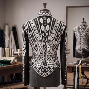 May include: A black long-sleeved jacket featuring an intricate geometric pattern of silver and white crystals, sequins, and metallic studs. The design includes diamond shapes and linear accents across the back, shoulders, and high collar.