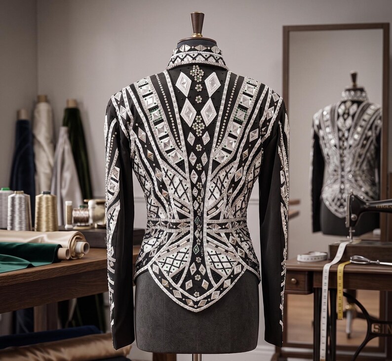 May include: A black long-sleeved jacket featuring an intricate geometric pattern of silver and white crystals, sequins, and metallic studs. The design includes diamond shapes and linear accents across the back, shoulders, and high collar.