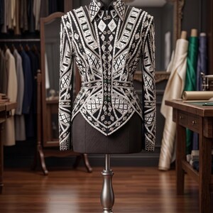 May include: A black long-sleeved jacket featuring an intricate geometric pattern of silver and white embellishments. The garment has a structured collar, a pointed hemline, and a front closure adorned with small green accents along the center seam.
