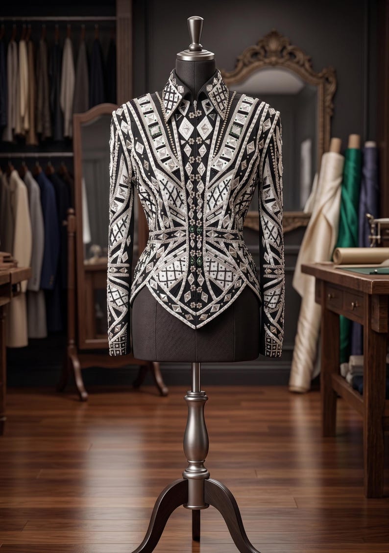 May include: A black long-sleeved jacket featuring an intricate geometric pattern of silver and white embellishments. The garment has a structured collar, a pointed hemline, and a front closure adorned with small green accents along the center seam.
