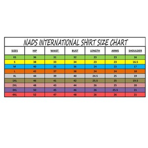 May include: A chart showing shirt sizes with measurements for hip, waist, bust, length, arms, and shoulder. The chart is color-coded with different colors for each size category. The sizes are XS, S, M, L, XL, 1XL, 2XL, 3XL, and 4XL.