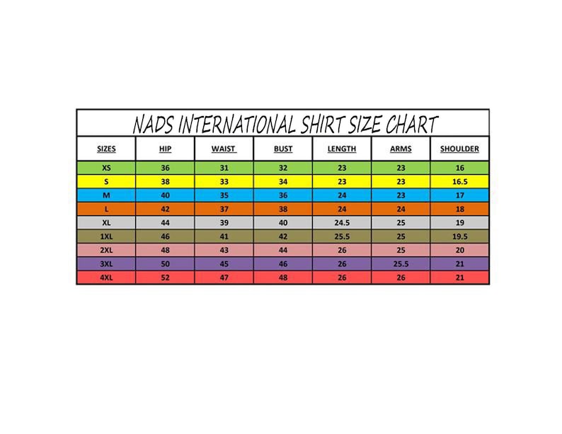 May include: A chart showing shirt sizes with measurements for hip, waist, bust, length, arms, and shoulder. The chart is color-coded with different colors for each size category. The sizes are XS, S, M, L, XL, 1XL, 2XL, 3XL, and 4XL.