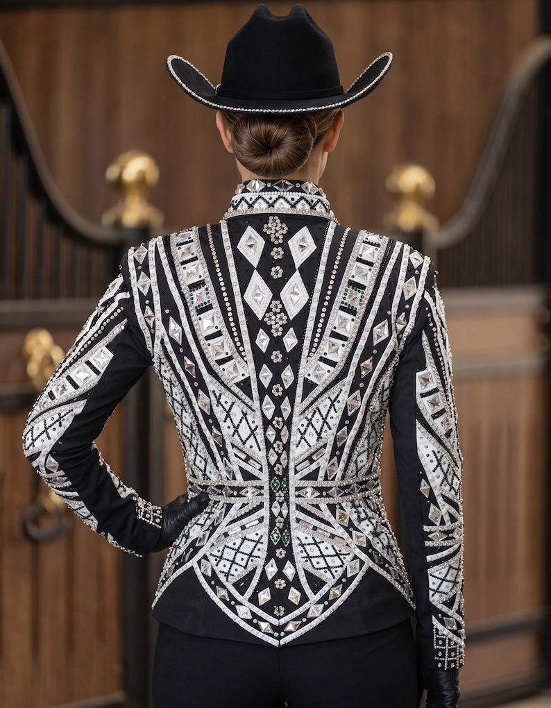 May include: A black long-sleeved show jacket featuring intricate white and silver geometric patterns, embellished with numerous clear crystals and rhinestones in diamond and circular shapes, paired with a matching black cowboy hat with silver trim.