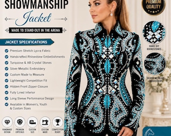 Custom Black Rhinestone Western Showmanship Jacket Turquoise Crystals AQHA Equestrian Competition Coat