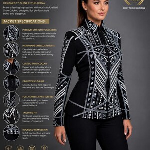 Chaqueta de estilo western negra con pedrería plateada, abrigo para competiciones ecuestres. imagen 3