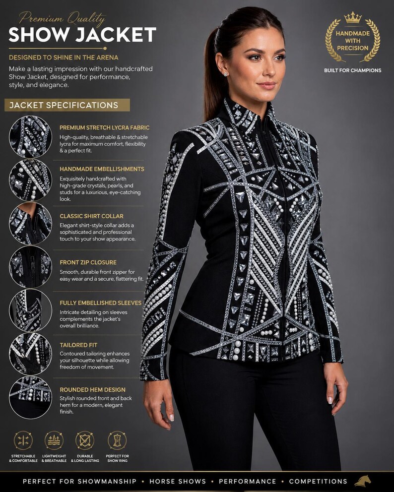 Chaqueta de estilo western negra con pedrería plateada, abrigo para competiciones ecuestres. imagen 3