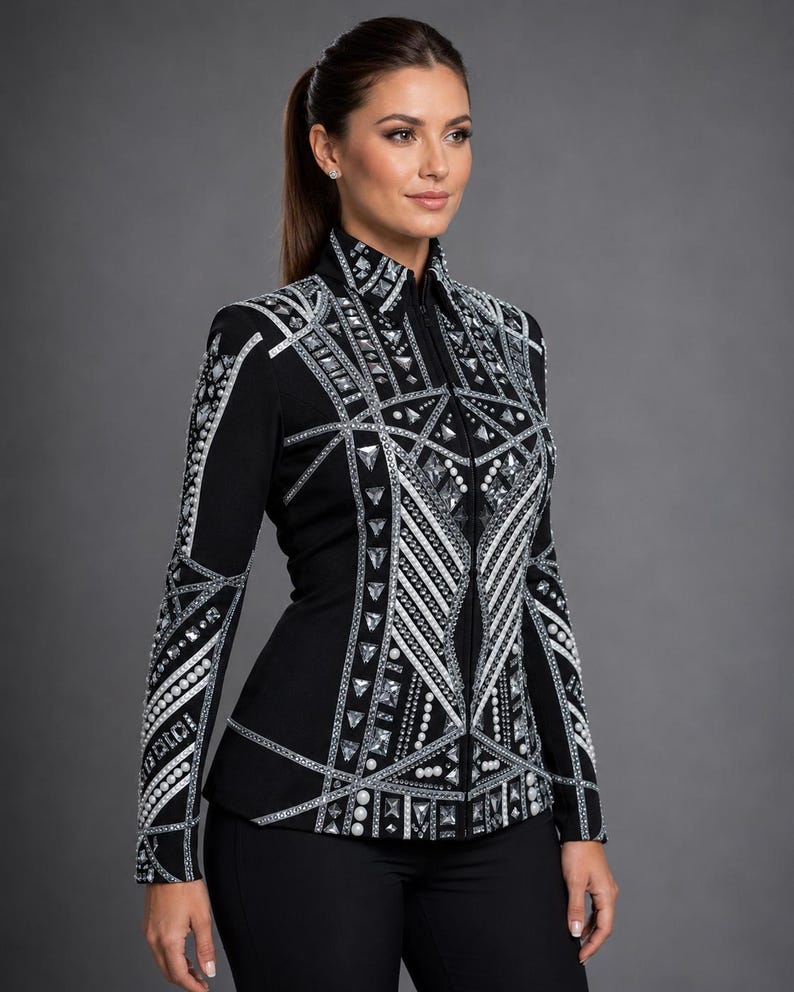 Chaqueta de estilo western negra con pedrería plateada, abrigo para competiciones ecuestres. imagen 1