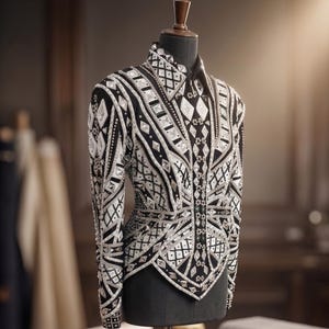 May include: A black long-sleeved jacket featuring an intricate geometric pattern of white fabric panels, silver sequins, and reflective diamond-shaped crystals. The garment has a structured collar, a pointed hemline, and dense beadwork.