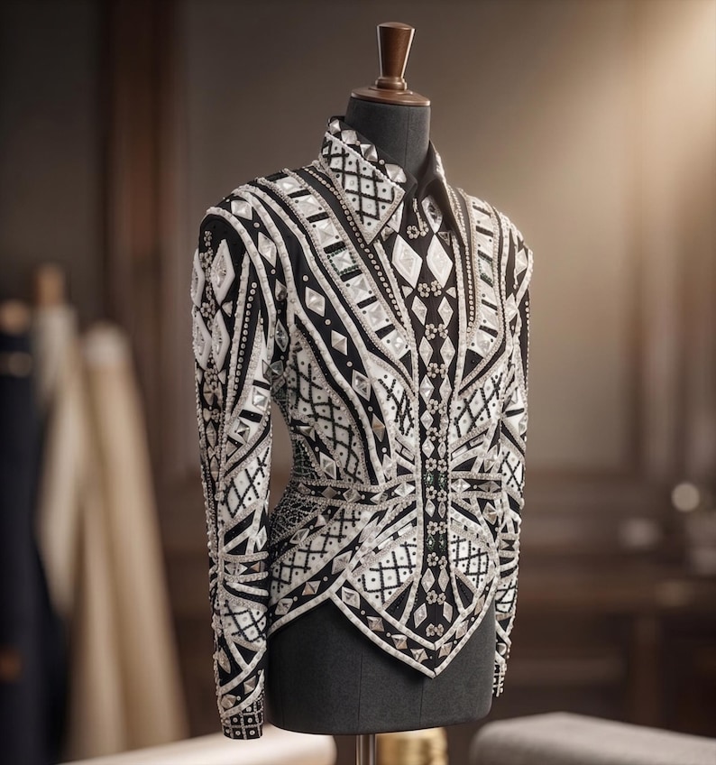 May include: A black long-sleeved jacket featuring an intricate geometric pattern of white fabric panels, silver sequins, and reflective diamond-shaped crystals. The garment has a structured collar, a pointed hemline, and dense beadwork.