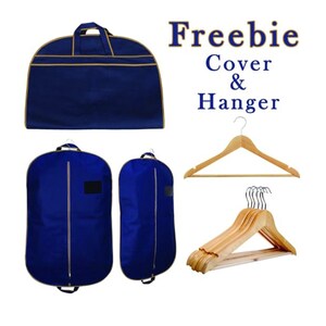 May include: A set of blue garment bags with tan trim and wooden clothes hangers. The text Freebie Cover & Hanger is displayed in blue. The collection includes one horizontal bag, two vertical bags with zippers, and five wooden hangers.