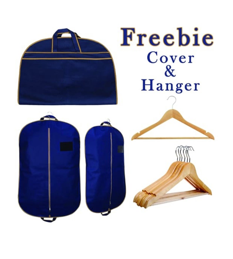 May include: A set of blue garment bags with tan trim and wooden clothes hangers. The text Freebie Cover & Hanger is displayed in blue. The collection includes one horizontal bag, two vertical bags with zippers, and five wooden hangers.