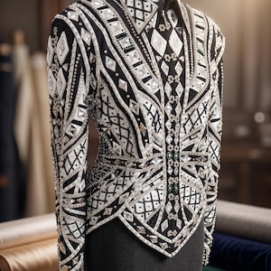 May include: A black long-sleeve jacket featuring an intricate pattern of white fabric panels and silver embellishments. The garment is heavily decorated with geometric crystal studs, clear rhinestones, and black beadwork arranged in a symmetrical design.