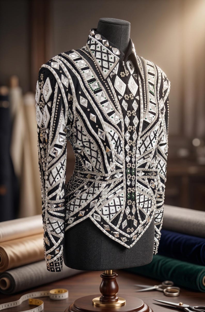 May include: A black long-sleeve jacket featuring an intricate pattern of white fabric panels and silver embellishments. The garment is heavily decorated with geometric crystal studs, clear rhinestones, and black beadwork arranged in a symmetrical design.