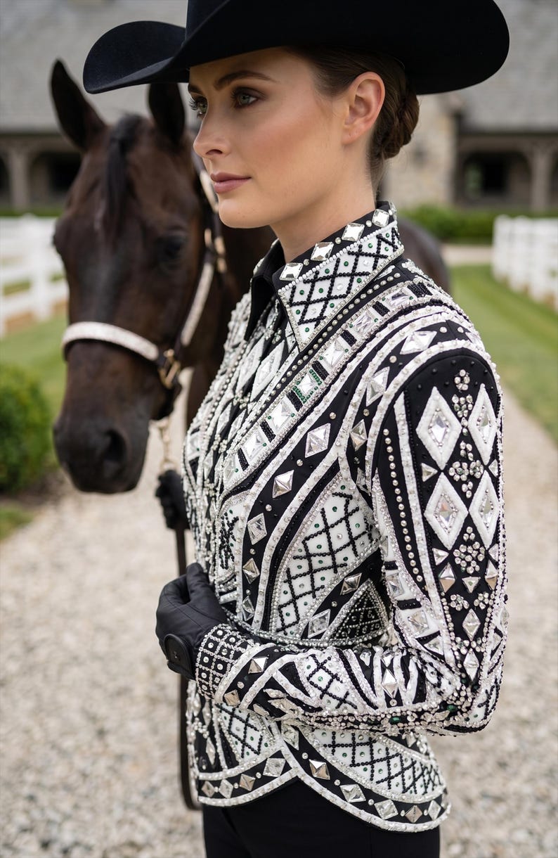 May include: A black long-sleeved show shirt featuring intricate white and silver geometric patterns, embellished with numerous clear crystals, metallic studs, and diamond-shaped accents across the collar, shoulders, and torso.