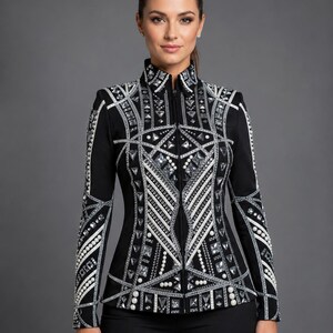 Chaqueta de estilo western negra con pedrería plateada, abrigo para competiciones ecuestres. imagen 7