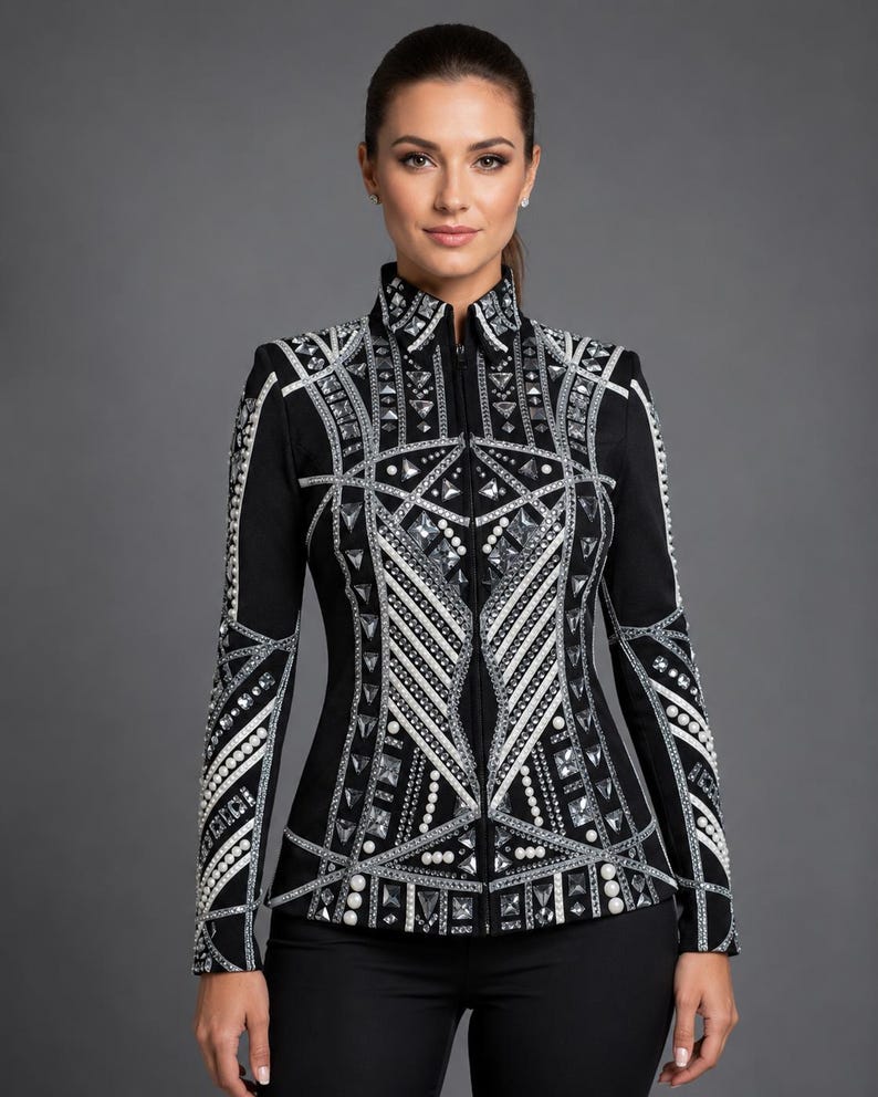 Chaqueta de estilo western negra con pedrería plateada, abrigo para competiciones ecuestres. imagen 7