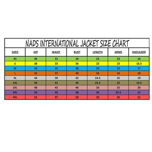 May include: A color-coded chart showing jacket sizes for women. The chart lists sizes from XS to 4XL and includes measurements for hip, waist, bust, length, arms, and shoulder in inches.