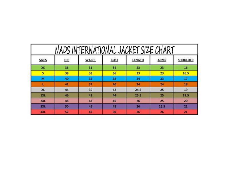 May include: A color-coded chart showing jacket sizes for women. The chart lists sizes from XS to 4XL and includes measurements for hip, waist, bust, length, arms, and shoulder in inches.