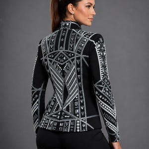 Chaqueta de estilo western negra con pedrería plateada, abrigo para competiciones ecuestres. imagen 4