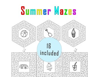 16 pieces mazes pdf, Printable Summer Maze Coloring Pages,Childrens Activity,Instant download printable maze,printable maze,mazes bundle