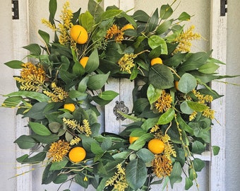 Summer Lemon Wreath for Front Door, Fruit Wreath for Front Porch, Summer Entranceway Decor, Modern Farmhouse Housewarming Gift