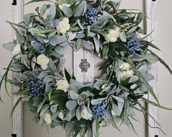 Year Round Lamb's Ear Wreath,  Farmhouse Wreath with Blueberries and White Flowers for Front Door