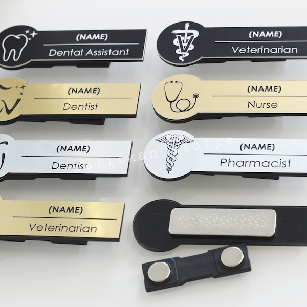 Insignias de nombre grabadas personalizadas, etiquetas de nombre personalizadas, dentista, asistente dental, farmacéutico, veterinario, médico, insignias de nombre de enfermera