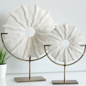 2 Colors Options, Lymra Stone/Marble Disc with Antique Metal Stand, Raw Living Room Center Piece, Modern Contemporary Home Decor