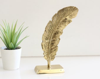 Brass Feather Sculpture: Golden Table Office Decor