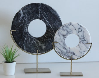 Marble Disc with Antique Metal Stand, Modern Contemporary Home Decor, Raw Living Room Center Piece, Table Accents, Modern Sculpture Decor