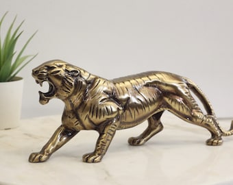 Brass Tiger Statue: Metal Animal Sculpture, Tabletop Decor