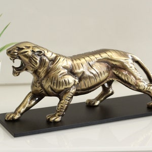 Brass Tiger Statue with Black Metal Stand, Metal Table Decor,Bold Statement Piece,Living Room Office Decor,Animal Sculpture,Desk Accessories