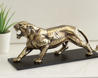 Brass Tiger Statue with Black Metal Stand: Tabletop Animal Sculpture