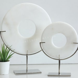4 Colors Options, Marble Disc with Silver Metal Stand, Modern Home Decor, Living Room Center Piece, Raw Table Accents
