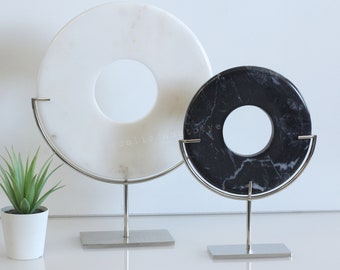 Marble Disc with Silver Metal Stand, Modern Home Decor, Living Room Center Piece, Raw Table Accents, Contemporary Sculpture Decor