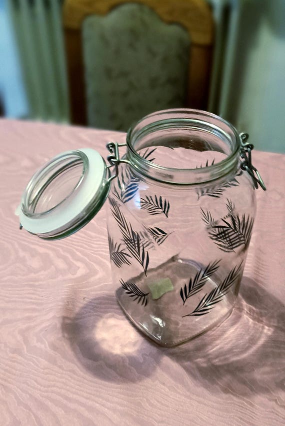 2,5 l Drahtbügelglas Noelle und von Campe, Upcyclig mit Blättermotiv aus Glas-Vinylfolie, 24,5cm hoch, 11 cm breit, als Geschenk
