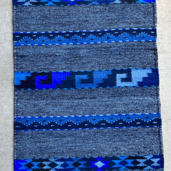 Oaxacan runner, table runner on Blue tones, authentic Zapotec rug 100% Wool handwoven in Oaxaca Mexico