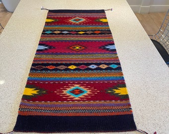 Colorful Zapotec runner, handwoven table runner on pedal loom by Zapotec artisans.