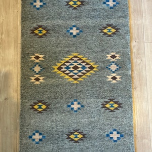 Authentic Zapotec Rug, Zapotec Diamonds on Natural Gray Wool, handwoven in Teotitlan Del Valle, Oaxaca, Mexico.