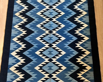 Oaxacan rug, Zapotec Diamond  INDIGO Area Rug. 51in width 78in length. Authentic Zapotec Rug handwoven in Teotitlan Del Valle, Oaxaca.